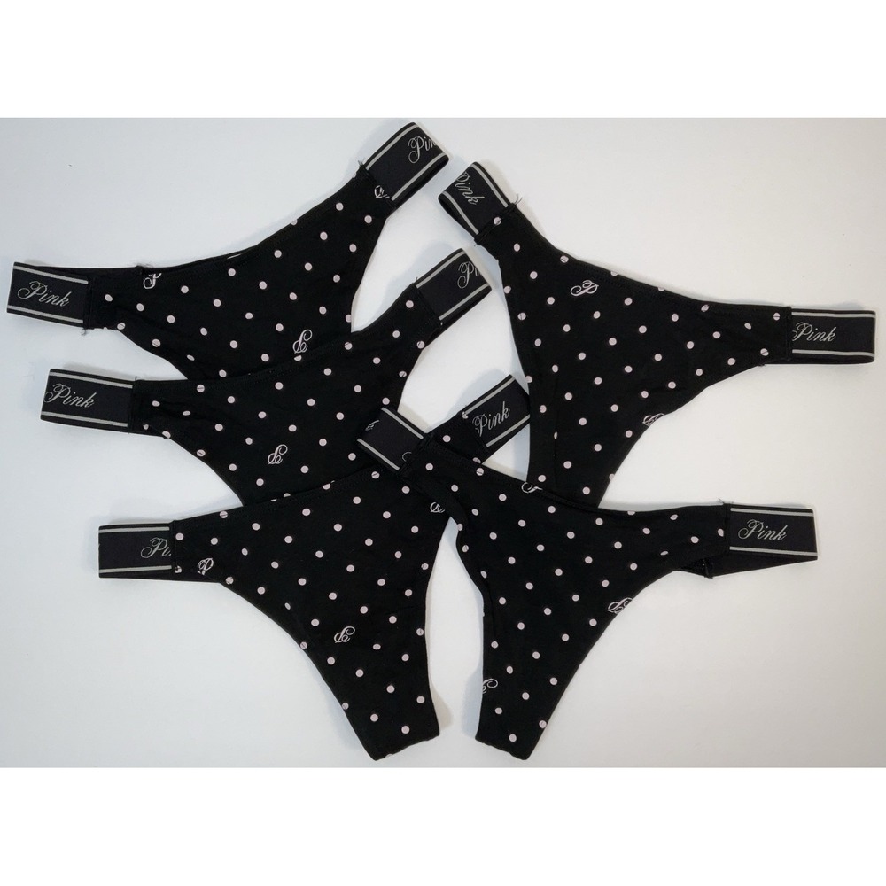 NWT Lot 5 Pairs Victoria's Secret PINK Thong / String Panties Black Pink - XS